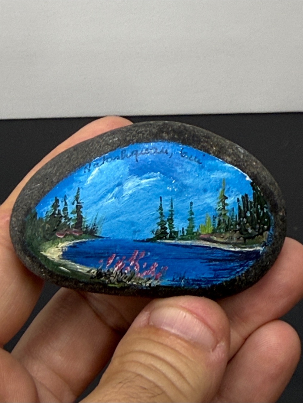 Hand-Painted Blue Natashquan, Québec Landscape River Rock Art